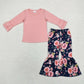 Baby Girl Ruffle Long Sleeves Pink Cotton Tops Flower Bell Pants Set