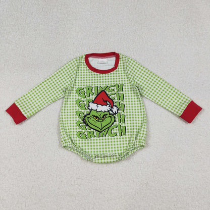 Sibling Baby Boys Long Sleeves Green Face Christmas Plaid Romper Shirt RTS