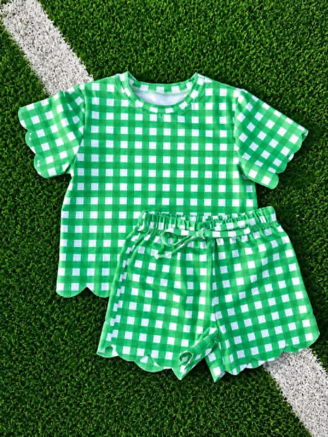 ( Moq 5 ) Preorder Baby Girls Kids Short Sleeves Green Plaid Shirt Scallop Shorts Set Clothes