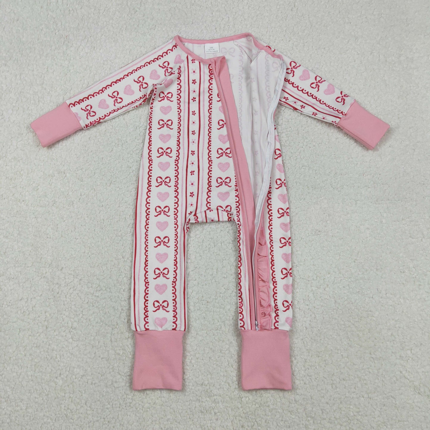 Baby Girls Infant Long Sleeves Hearts Bows Floral Valentine Zipper Sleeper Romper RTS