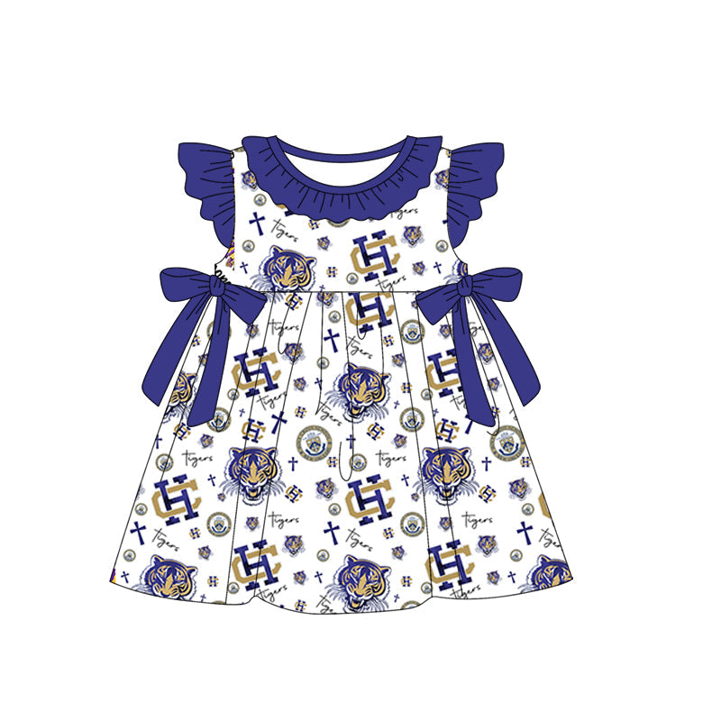 Baby Girl Short Sleeves Tiger Team Blue Bows Knee Length Dress ( Moq 5 )
