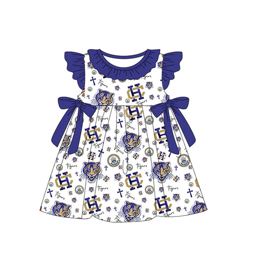 Baby Girl Short Sleeves Tiger Team Blue Bows Knee Length Dress ( Moq 5 )