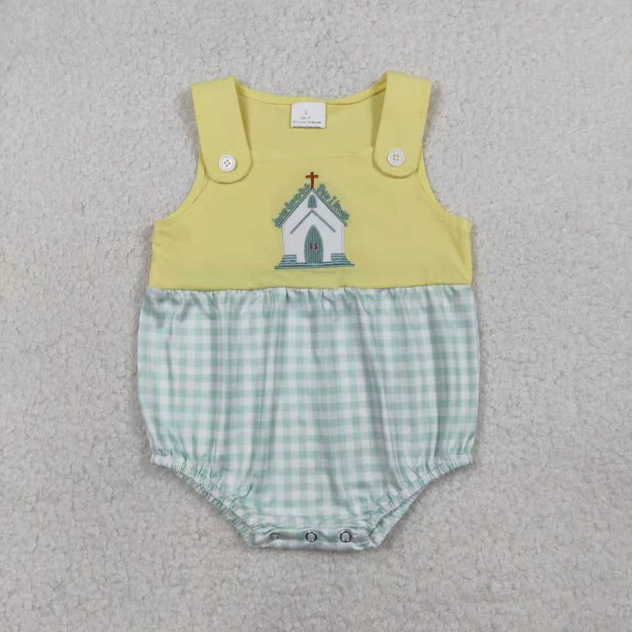 Sibling Baby Boys Girls Embroidery Cross Jesus Green Plaid Easter Rompers Sets RTS