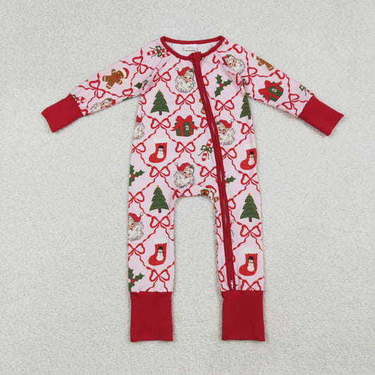 Girls Infant Long Sleeves Gingerbread Bows Santa Zipper Pajamas Footie Romper