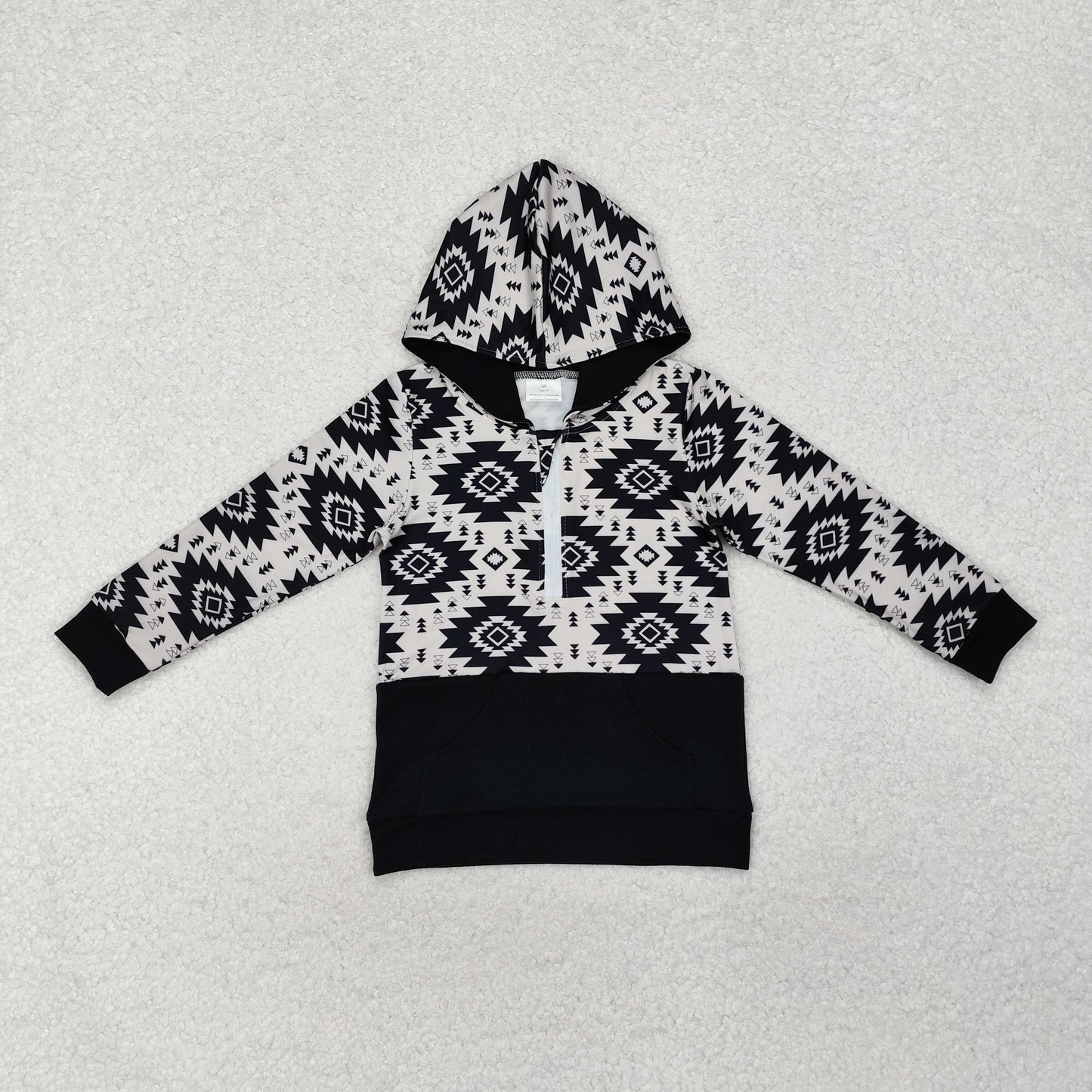 Baby Boy Long Sleeves Western Aztec Hoodie Black Pocket Pullover Tops