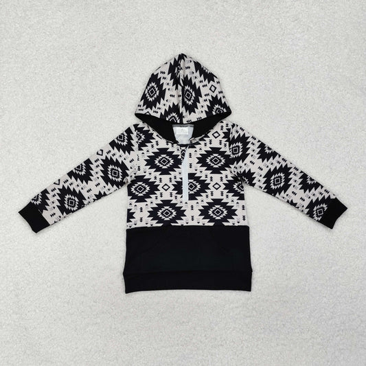 Baby Boy Long Sleeves Western Aztec Hoodie Black Pocket Pullover Tops