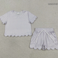 Baby Girls Kids Short Sleeves Plaid Shirt Scallop Shorts Purple Clothes Set RTS