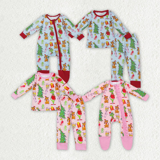 Boys Girls Kids Green Face Christmas Zipper Footie Romper Pajamas Set Sibling Clothes RTS