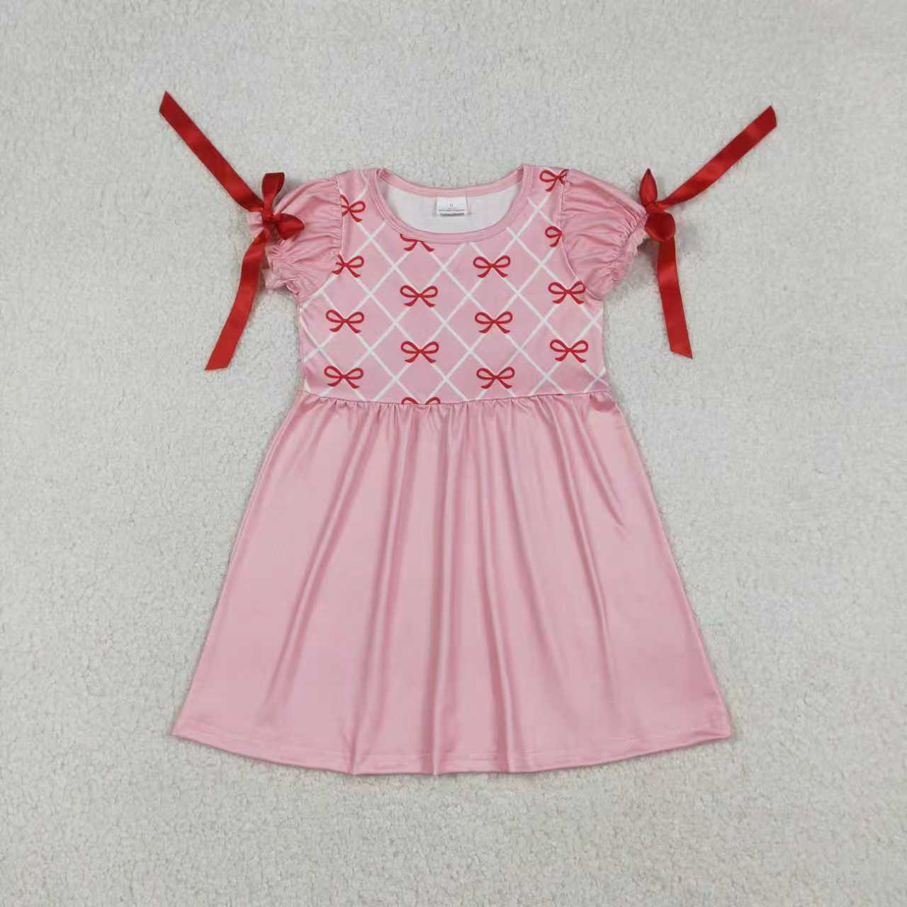 Sibling Baby Girls Kids Short Sleeves Bows Pink Bubble Romper Knee Length Dress RTS