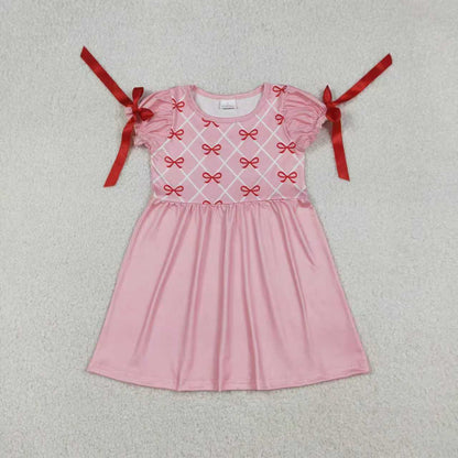 Sibling Baby Girls Kids Short Sleeves Bows Pink Bubble Romper Knee Length Dress RTS