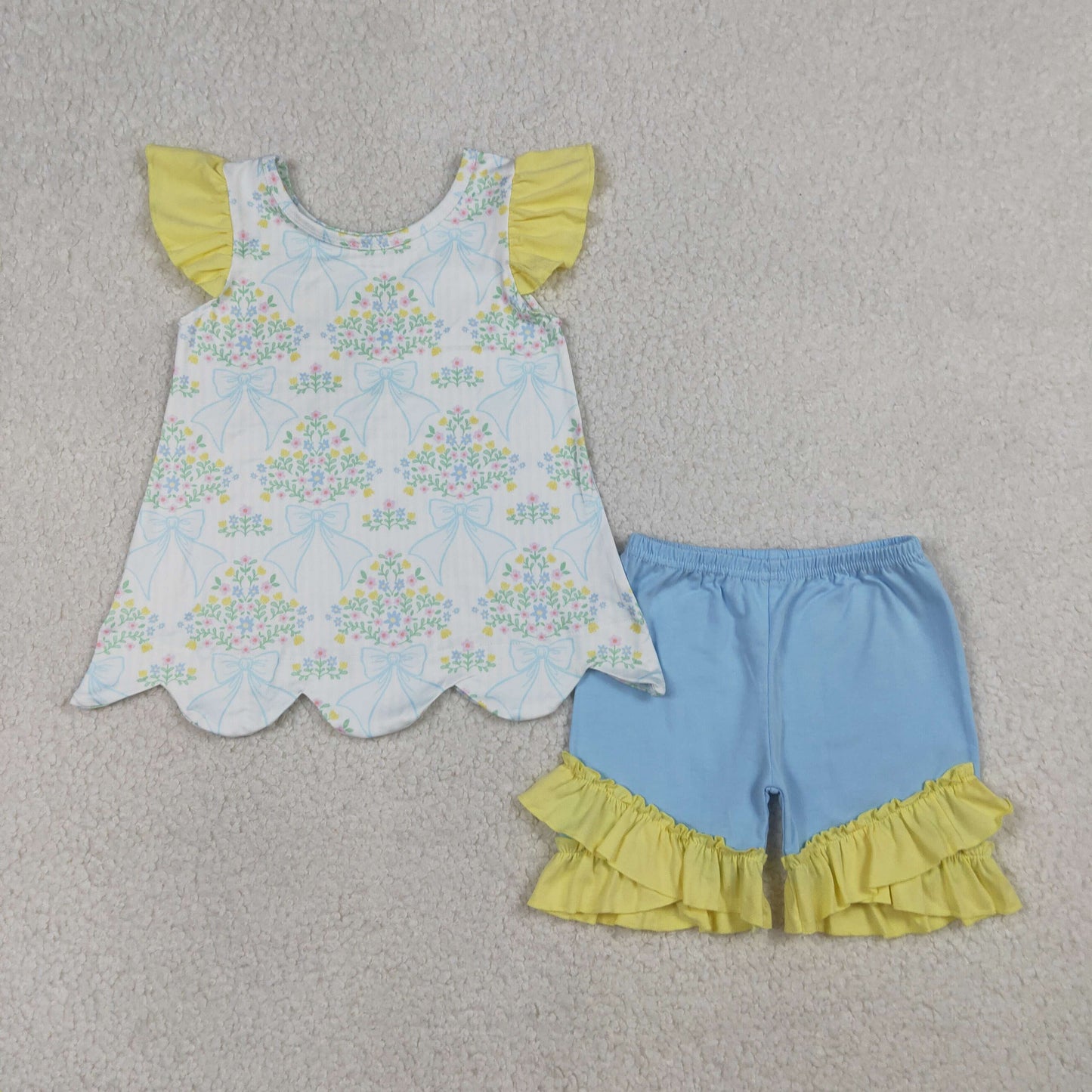 Baby Girls Short Sleeves Bows Floral Tunic Ruffle Blue Shorts Clothes Set RTS
