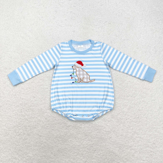 Baby Boy Long Sleeves Embroidery Christmas Dog Blue Stripes Romper