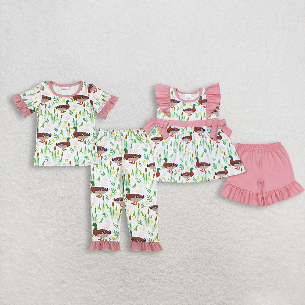 Sibling Baby Girls Kids Short Sleeves Ducks Flower Tops Shorts Pants Sets RTS