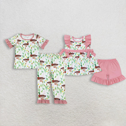 Sibling Baby Girls Kids Short Sleeves Ducks Flower Tops Shorts Pants Sets RTS