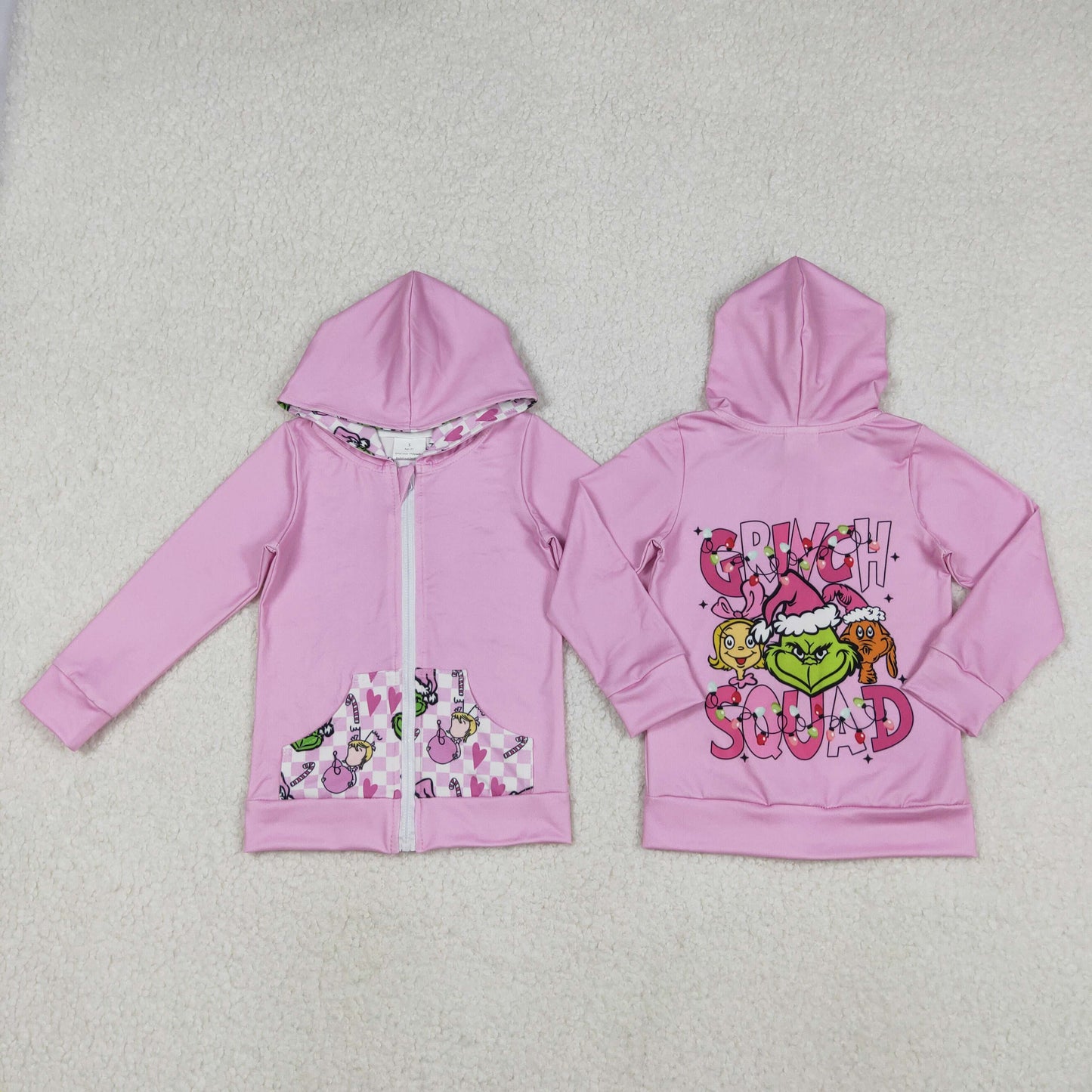 Baby Girl Pink Long Sleeves Green Face Christmas Hoodie Zipper Pockets Tops RTS