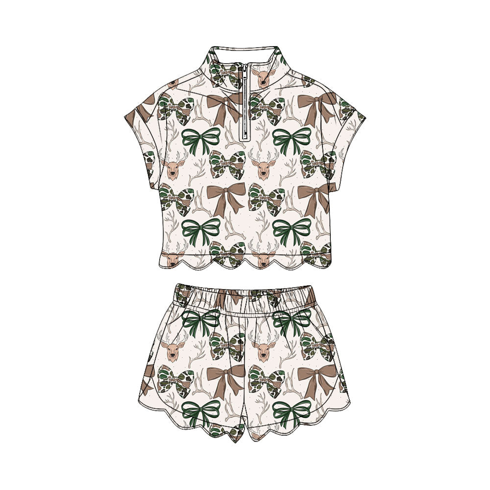 ( Moq 5 ) Preorder Baby Girl Kids Deer Bows Zipper Shirt Scallop Shorts Set Hunting Clothes