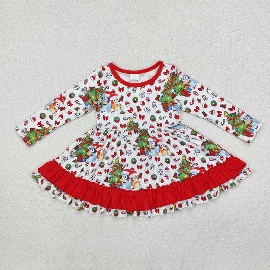 Baby Girl Long Sleeves Christmas Dogs Ruffle Twirl Dress