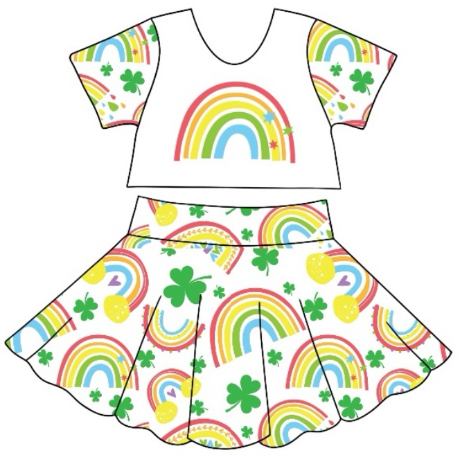 Baby Girl Short Sleeves St. Patrick's Day Rainbow Flower Smile Tops Skirt Clothes Set Moq 5