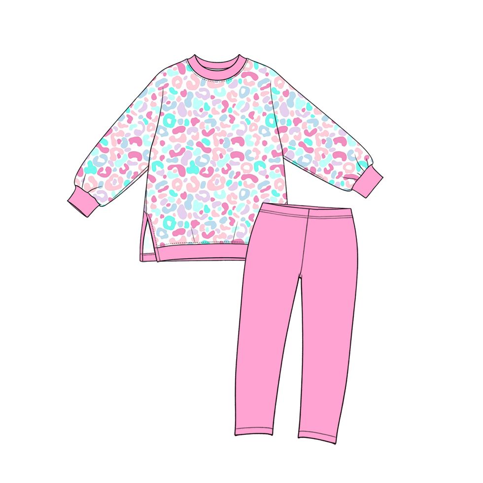 ( Moq 5 ) Preorder Baby Girls Kids Long Sleeves Leopard Tops Pink Leggings Yoga Active Set Clothes