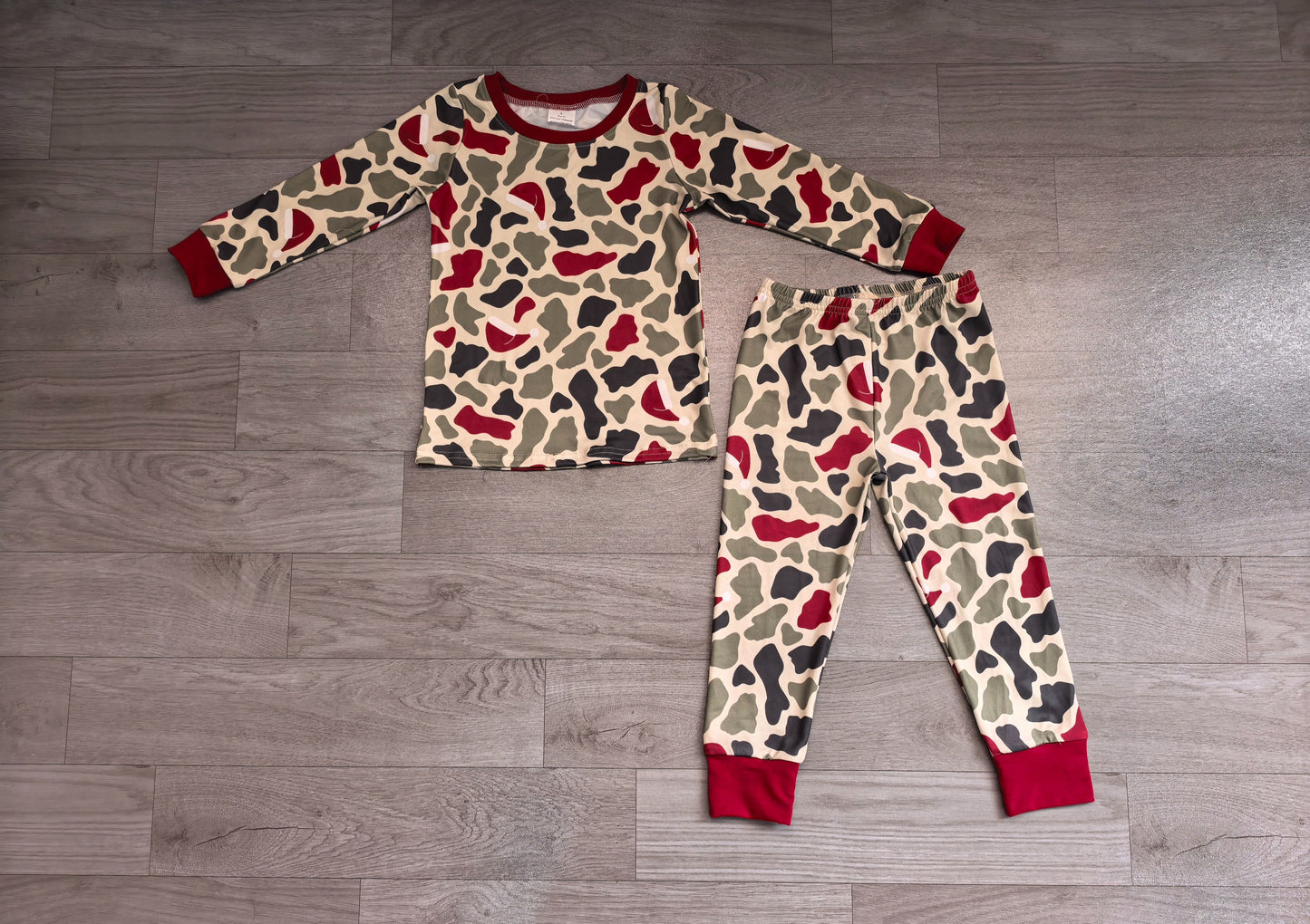 ( No moq ) Preorder Baby Boys Kids Long Sleeves Green Red Camo Shirt Pants Set Pajamas Clothes