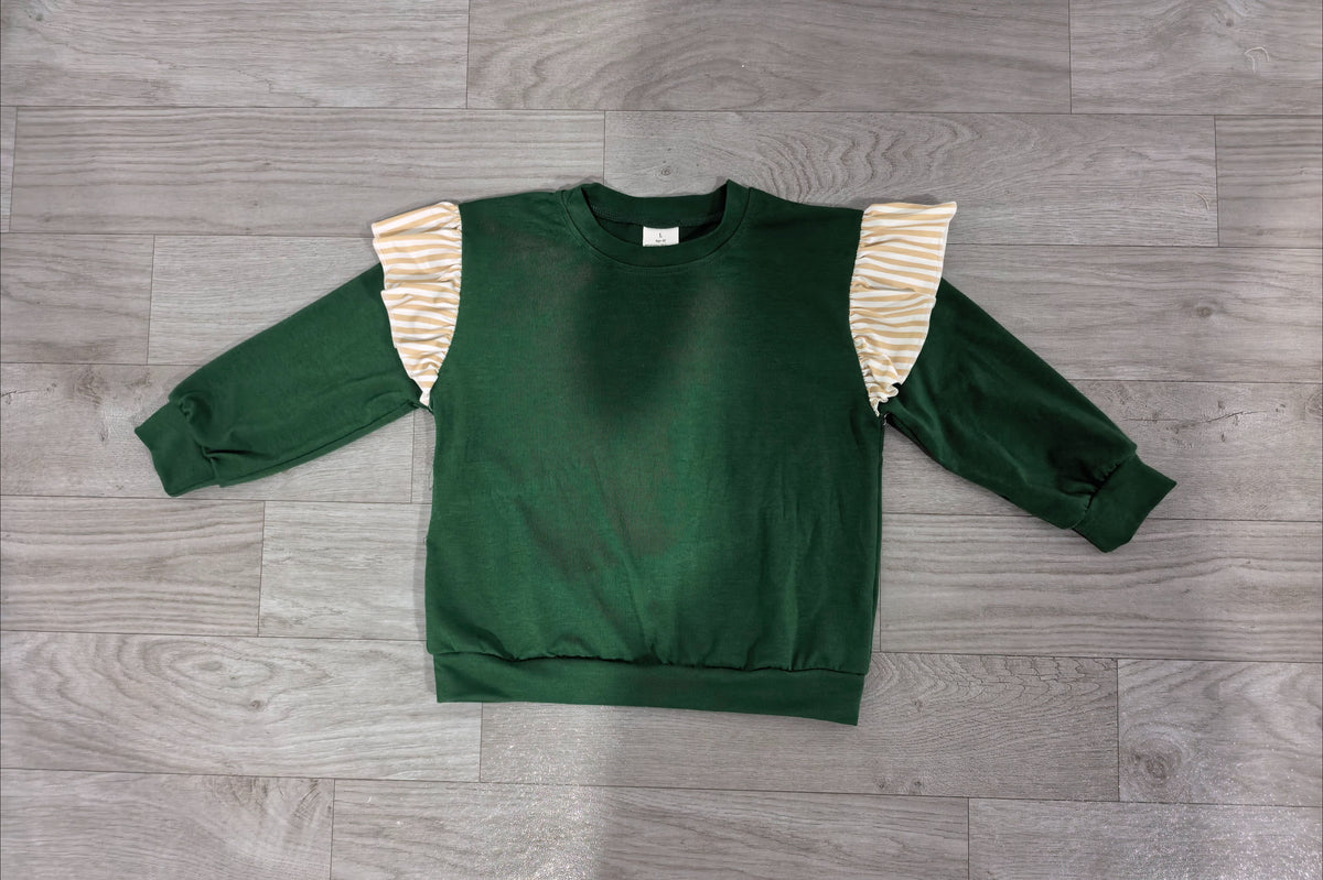 ( No moq ) Preorder Baby Girls Toddler Stripes Ruffle Long Sleeves Green Shirt Cotton Clothes