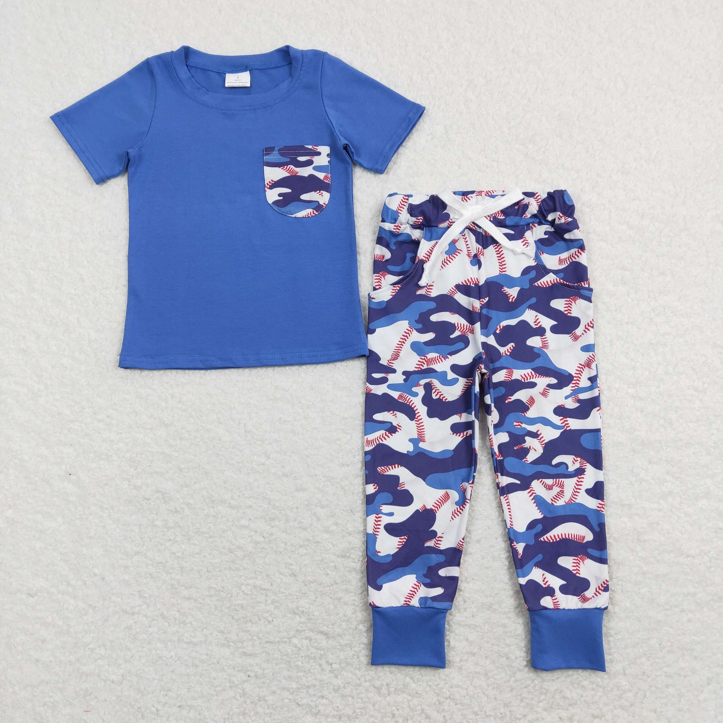 BSPO0170 Baby Boy Short Sleeves Shirt Baseball Camo Pocket Pants Blue Set