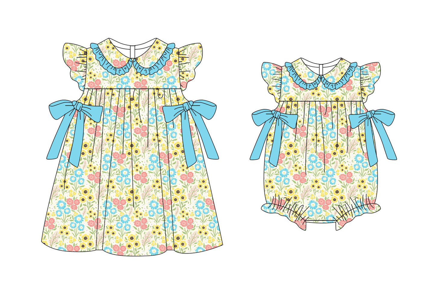 ( Moq 5 Each Style ) Sibling Baby Girls Kids Short Sleeves Flower Bows Romper Dress Clothes