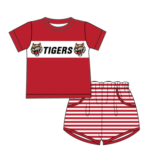 Baby Boy Short Sleeves Team Tigers Shirt Stripes Pockets Shorts Clothes Set ( Moq 5 )