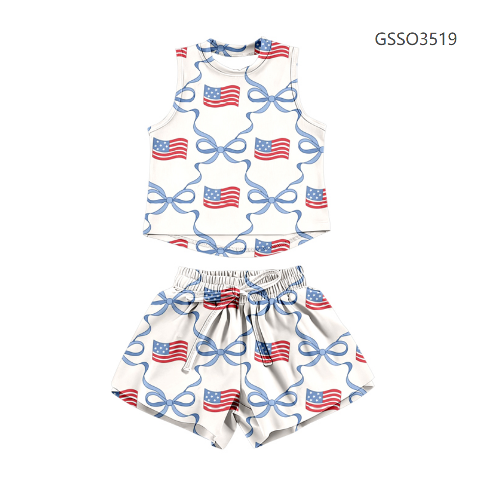 ( Moq 5 ) Preorder Baby Girls Kids Sleeveless Tops Bows Flags Shorts Set 4th of July Clothes