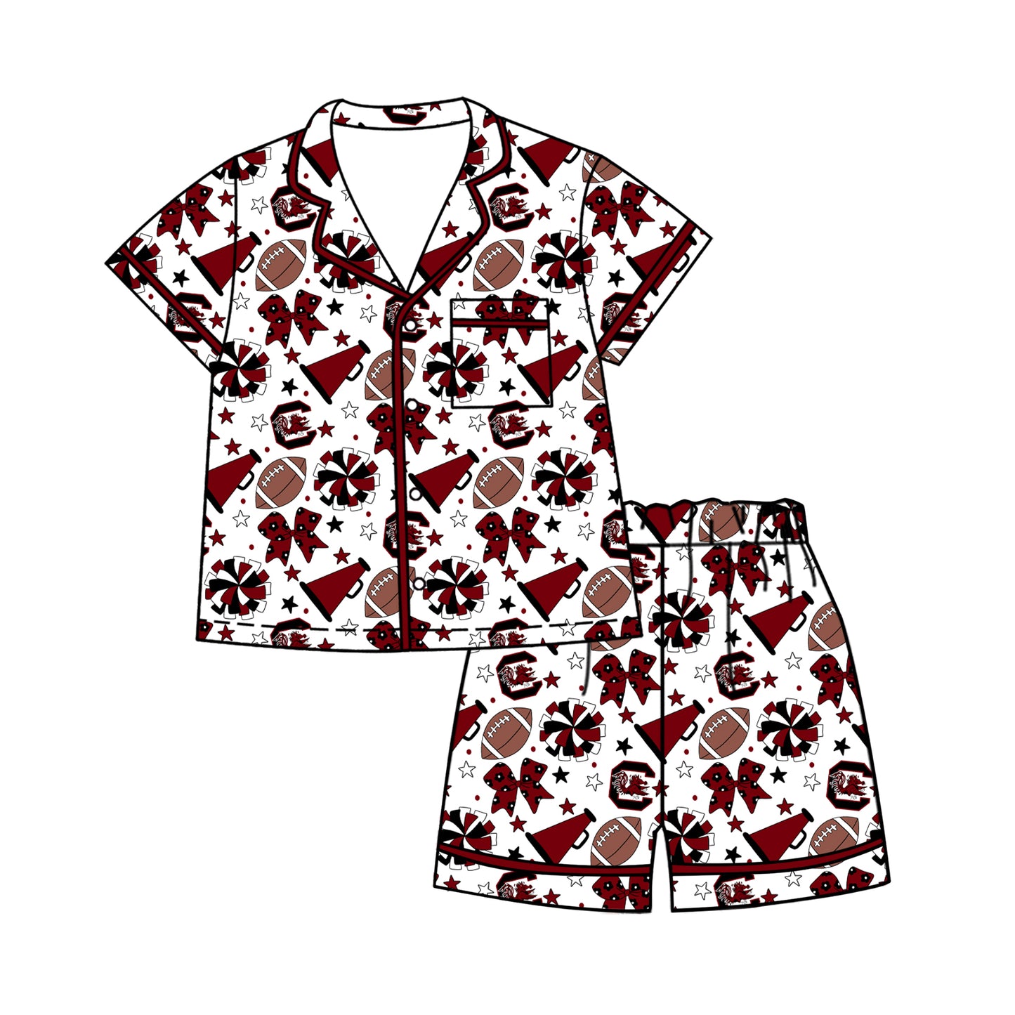 ( Moq 5 ) Baby Girls Kids Short Sleeves Chicken Bows Cheer Football Shirt Shorts Pajamas Set