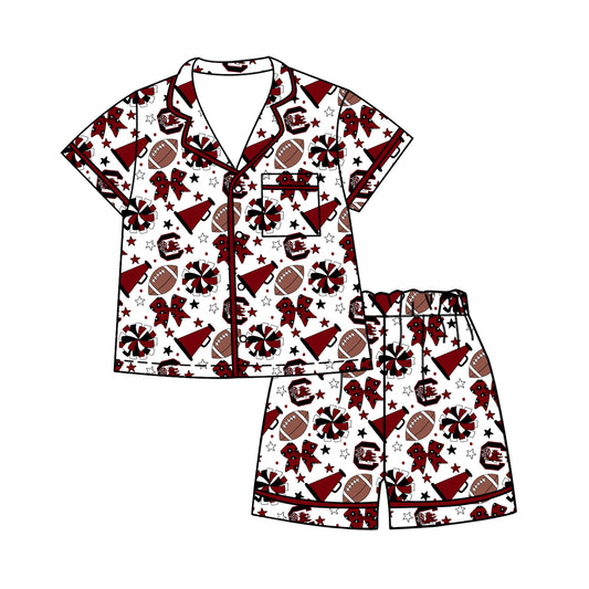 ( Moq 5 ) Baby Girls Kids Short Sleeves Chicken Bows Cheer Football Shirt Shorts Pajamas Set
