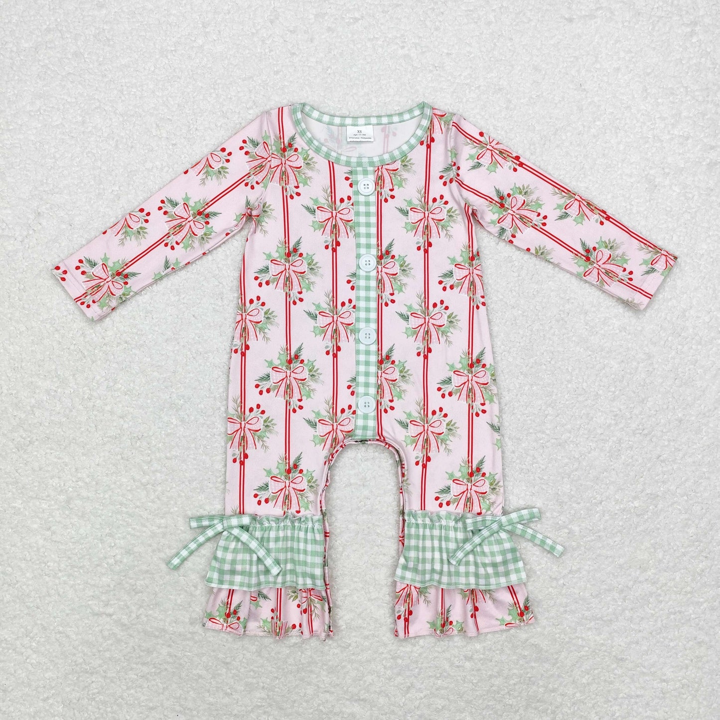 Baby Girl Christmas Holly Bows Long Sleeves Romper