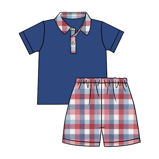 Moq 3 Pre-order BSSO0714 Baby Boy Short Sleeves Buttons Shirt Plaid Shorts Set