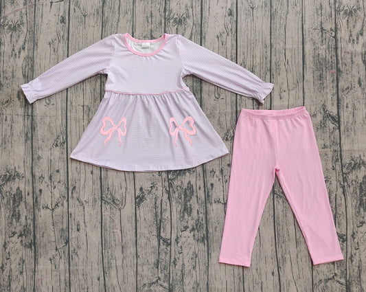 ( No moq ) Preorder Baby Girl Long Sleeves Stripes Embroidery Bows Tunic Pink Pants Clothes Set