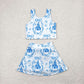 Baby Girl Blue Bows Floral Shirt Yoga Active Wear Skirt Skort Set RTS
