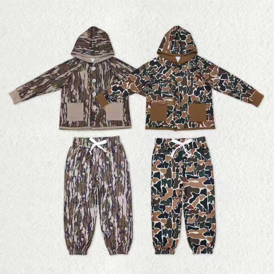 Sibling Baby Boys Long Sleeves Southern Camo Pockets Buttons Hoodie Tops Pants Clothes Sets RTS