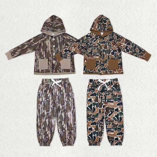Sibling Baby Boys Long Sleeves Southern Camo Pockets Buttons Hoodie Tops Pants Clothes Sets RTS