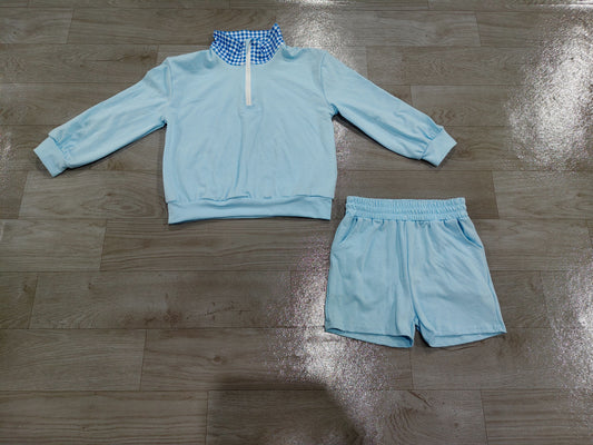 ( No moq ) Preorder Baby Girls Kids Long Sleeves Zipper Pullover Pockets Shorts Blue Set Cotton Clothes