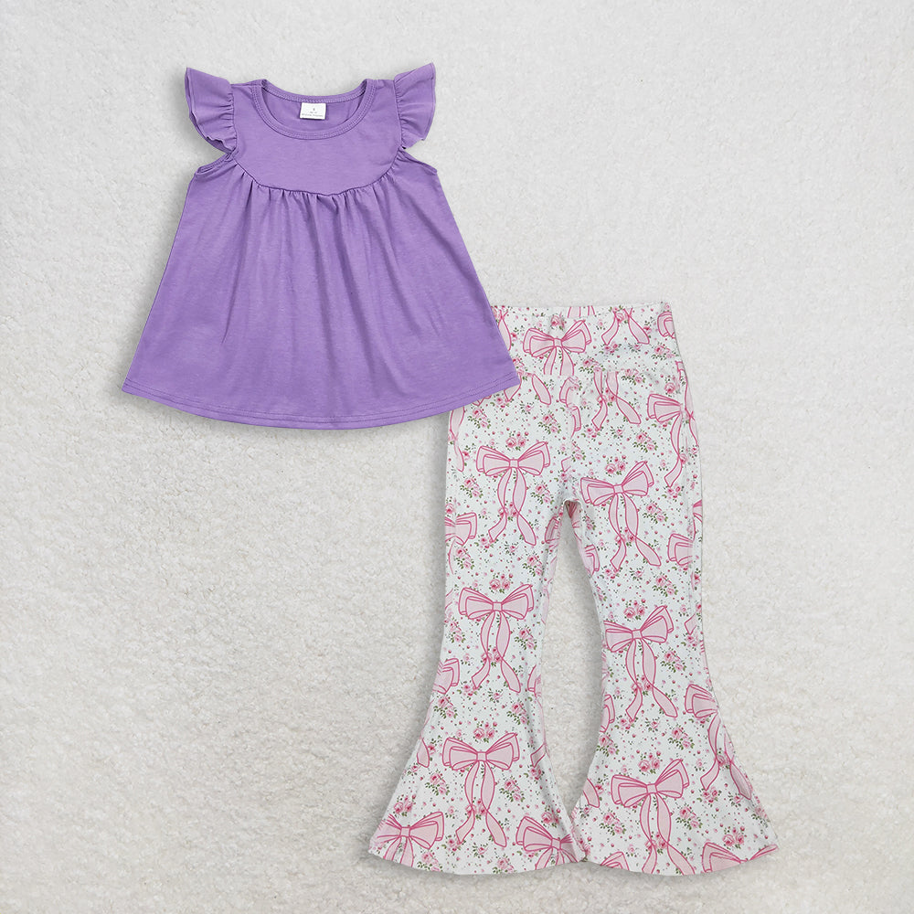Baby Girls Kids Short Sleeves Purple Tunic Bows Flower Pants Set Clothes RTS