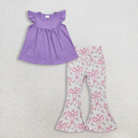 Baby Girls Kids Short Sleeves Purple Tunic Bows Flower Pants Set Clothes RTS