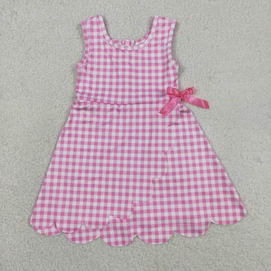 Baby Girls Kids Sleeveless Pink Plaid Scallop Yoga Knee Length Dress RTS