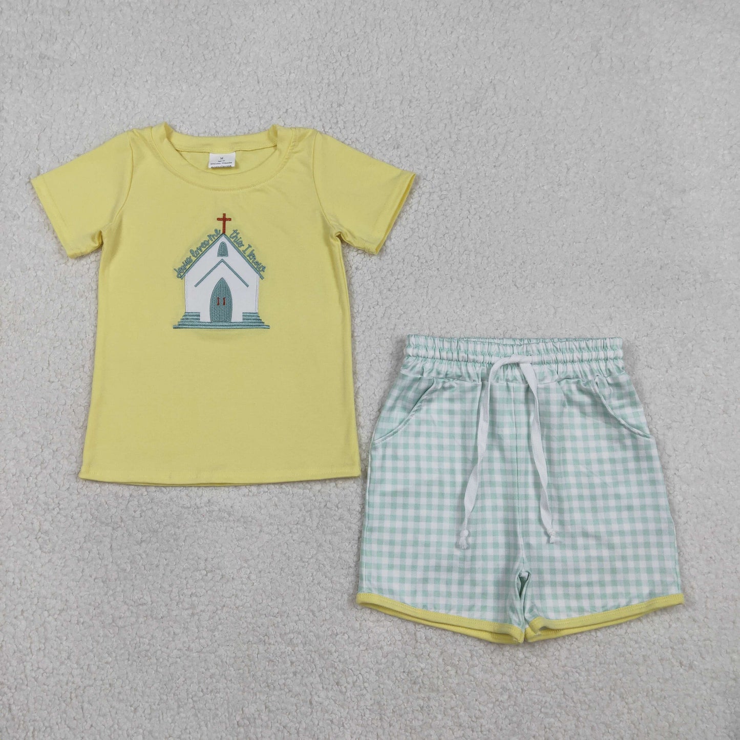 Baby Boys Short Sleeves Embroidery Cross Jesus Shirt Plaid Pockets Shorts Easter Set RTS