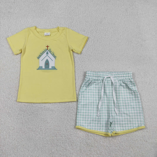 Baby Boys Short Sleeves Embroidery Cross Jesus Shirt Plaid Pockets Shorts Easter Set RTS