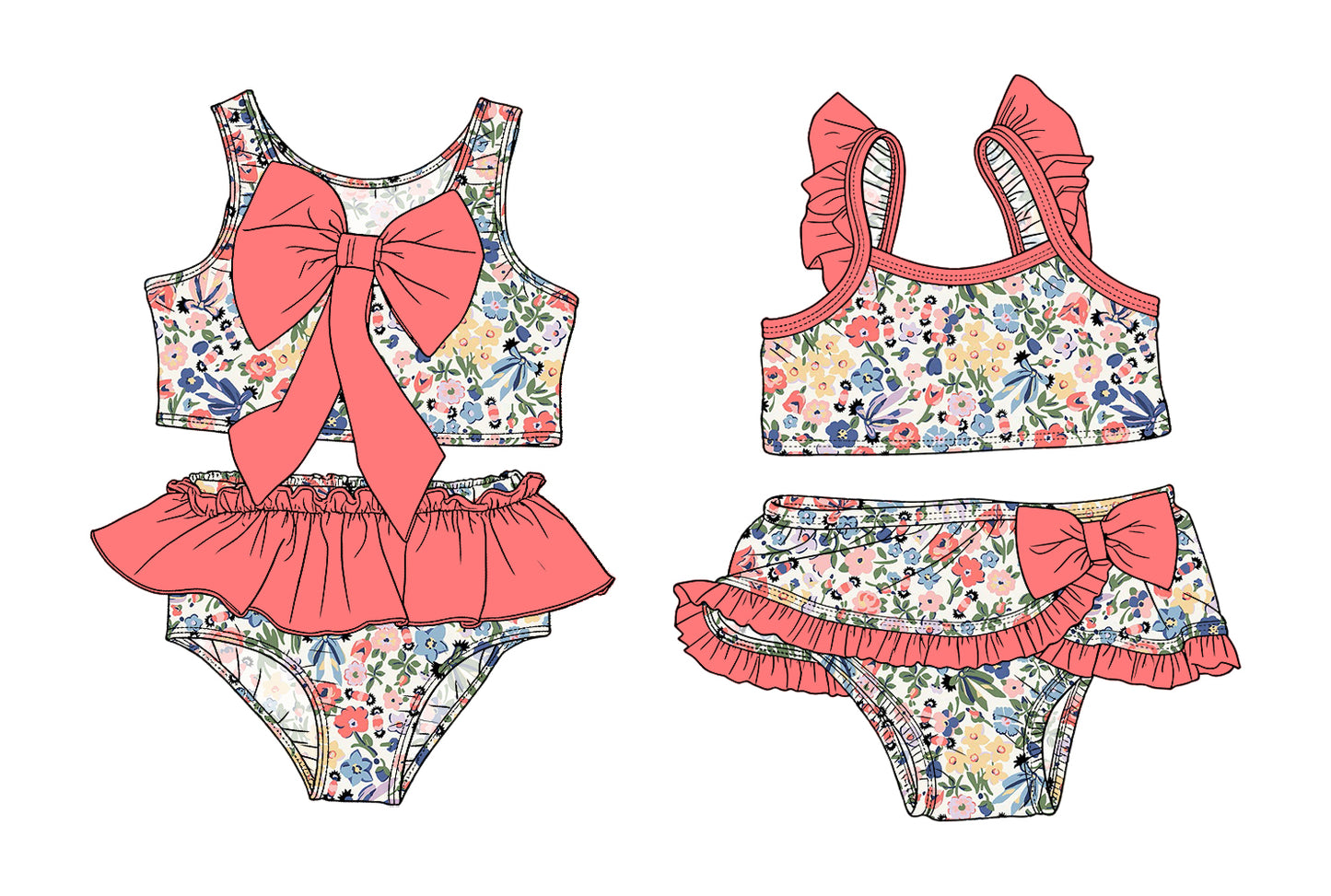 ( Moq 5 Each Style ) Sibling Baby Girls Kids Floral Tops Ruffle Shorts Bows Sets Summer Swimsuits