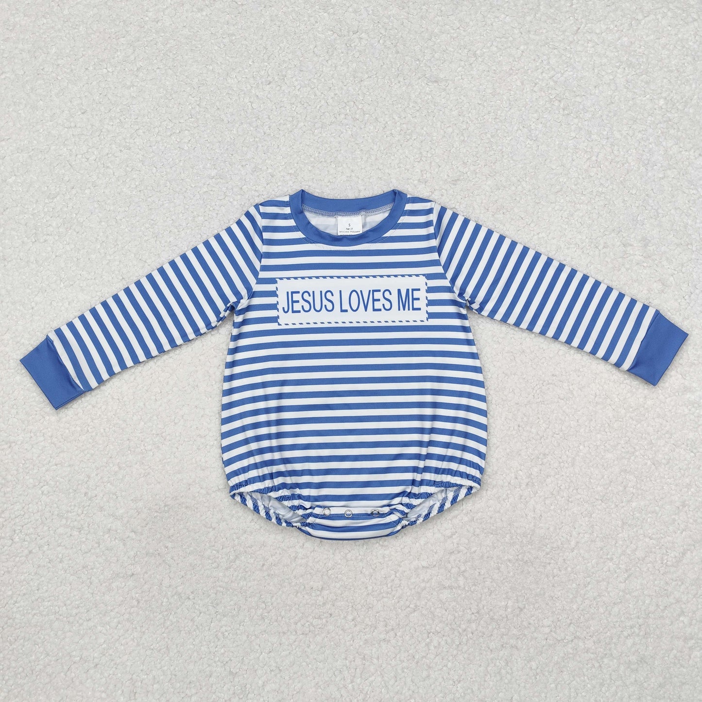 Baby Boy Long Sleeves Blue Stripes Jesus Loves Me Romper