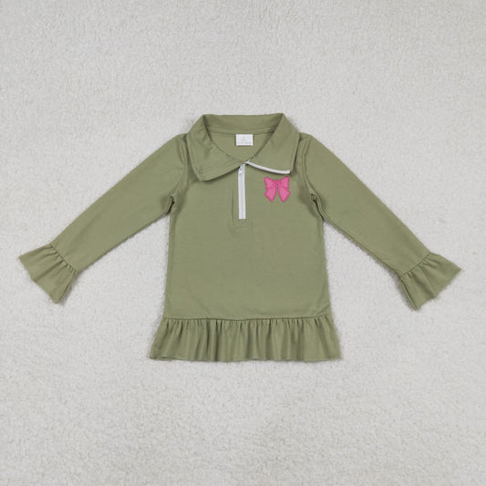 Baby Girls Kids Green Long Sleeves Embroidery Bow Zipper Ruffle Shirt Tops RTS