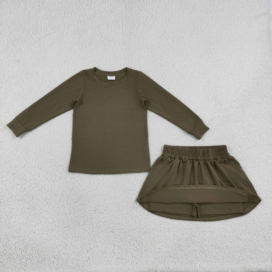 Baby Girls Kids Long Sleeves Olive Shirt Pockets Skirt Shorts Cotton Set Clothes RTS