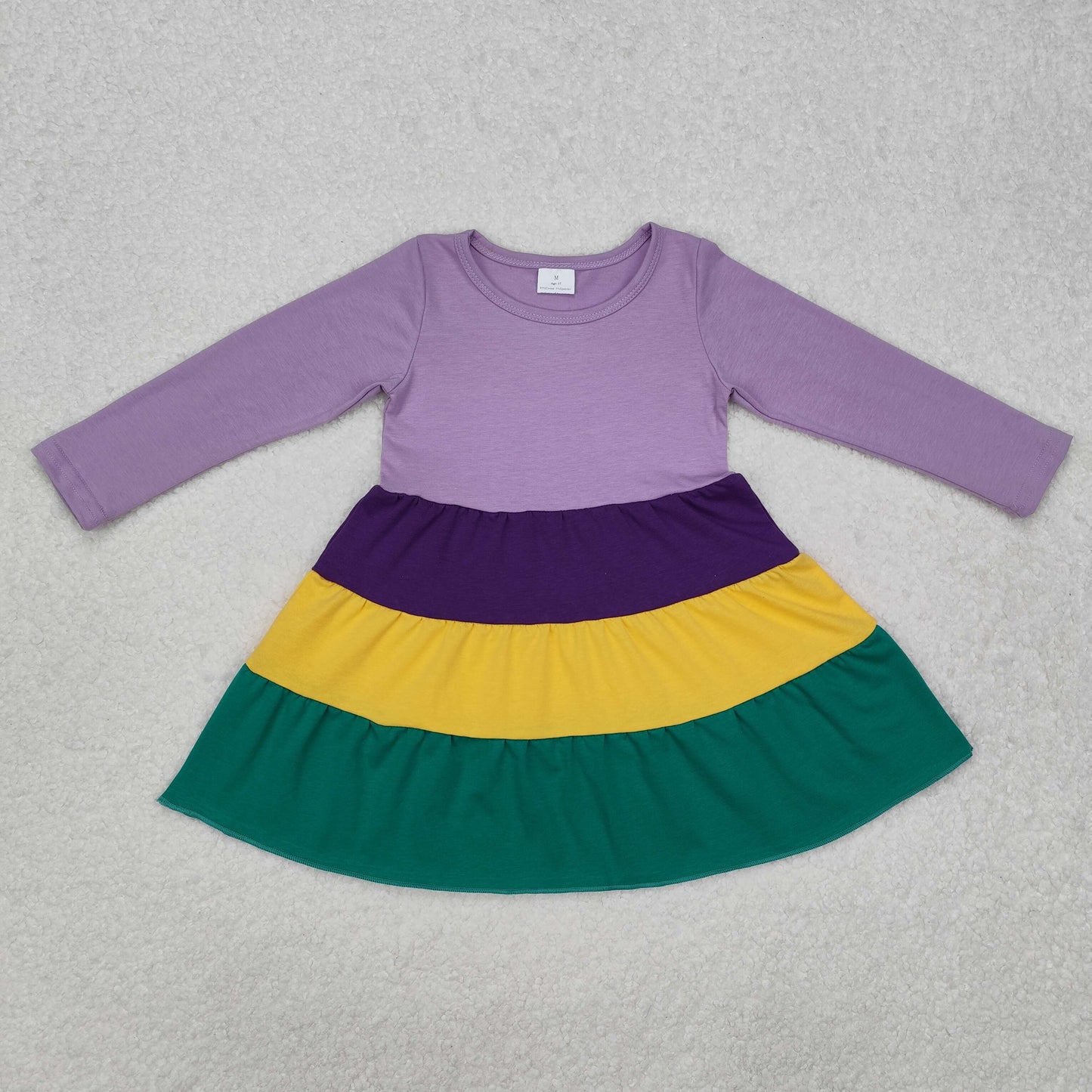 Baby Girl Long Sleeves Mardi Gras Purple Yellow Green Knee Length Dress