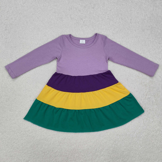 Baby Girl Long Sleeves Mardi Gras Purple Yellow Green Knee Length Cotton Dress