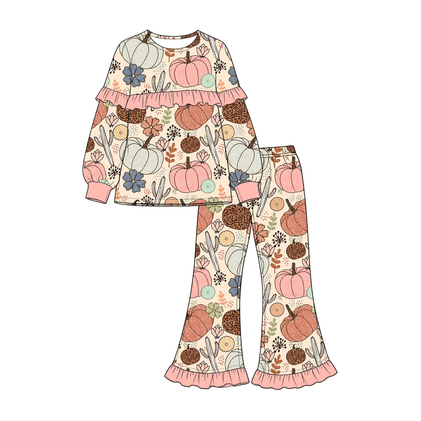 ( Moq 5 ) Preorder Baby Girls Kids Pumpkins Flower Cactus Tops Ruffle Pants Set Fall Clothes